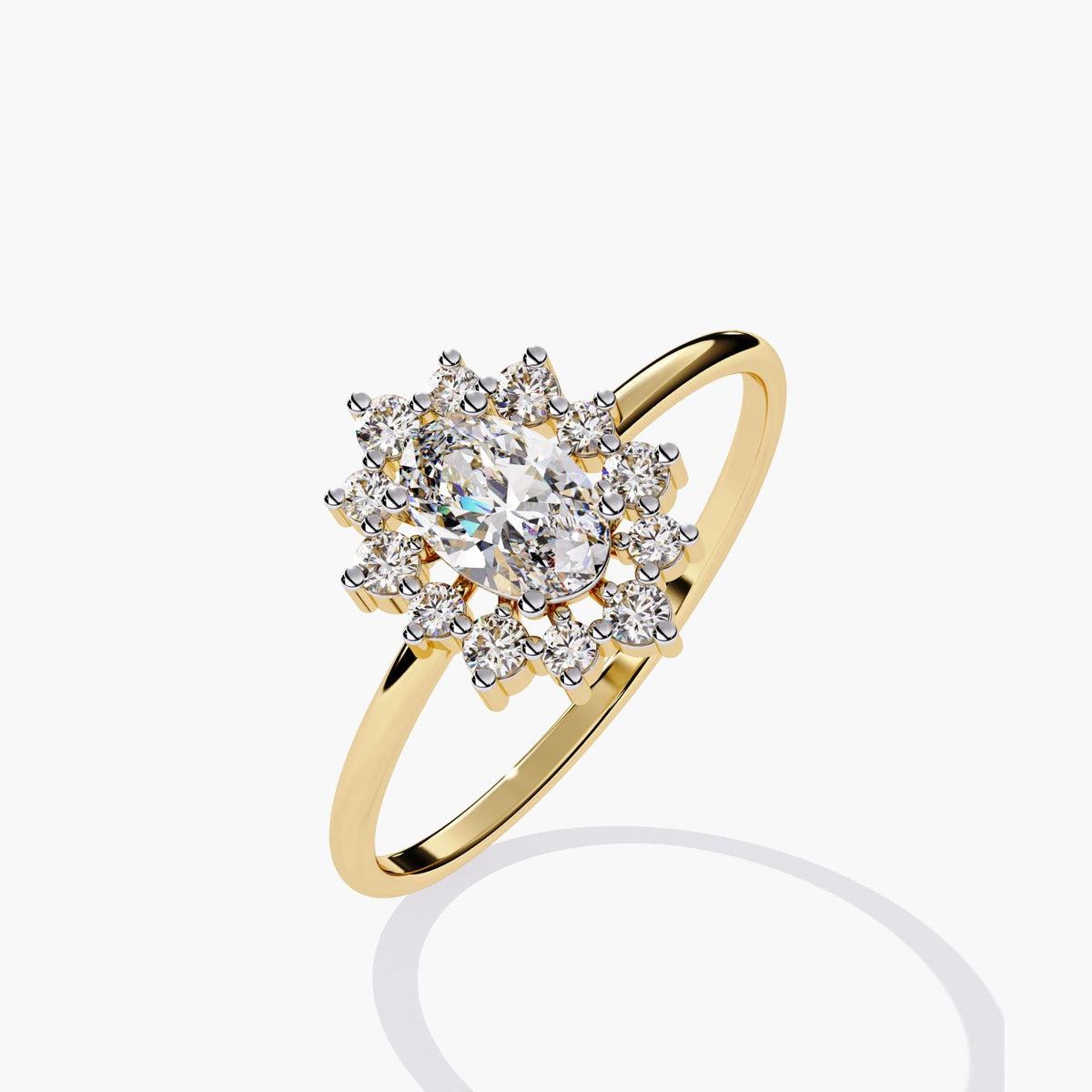 Angled view of a 14K yellow gold ring featuring a 0.5 carat oval lab-grown diamond surrounded by a double floral halo of round diamonds. The starburst halo rises slightly above a slim 1.3mm polished band.