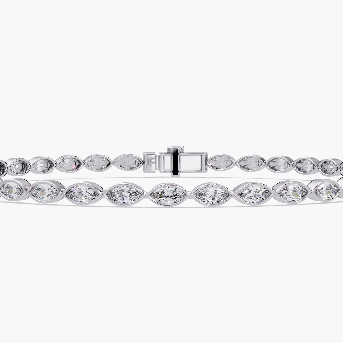 A dainty white gold tennis bracelet featuring east-west bezel set marquise-cut lab grown diamonds, displayed with a center box clasp. Ideal for formal occasions or as an elevated everyday jewelry