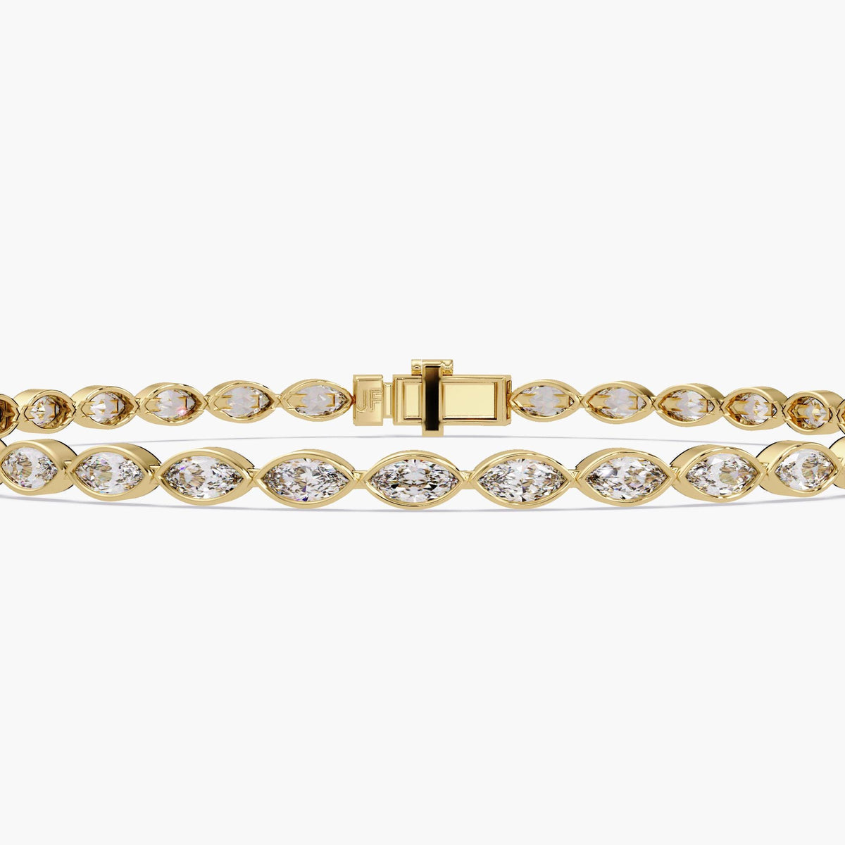 A 14k yellow gold tennis bracelet featuring marquise-cut diamonds set in individual east-west bezel settings. The diamonds are aligned in a continuous pattern with a secure box clasp at the center.