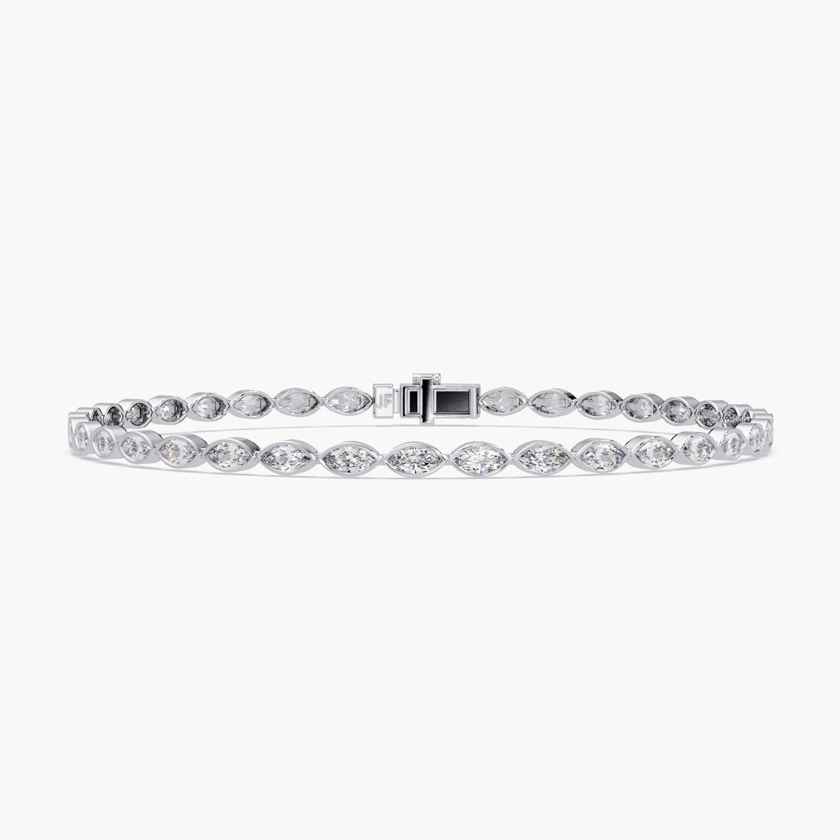A 14k white gold tennis bracelet featuring marquise-cut lab grown diamonds set in east-west bezel settings, shown laid flat with a center box clasp. Designed to add refined sparkle to everyday looks or elevate special occasion outfits