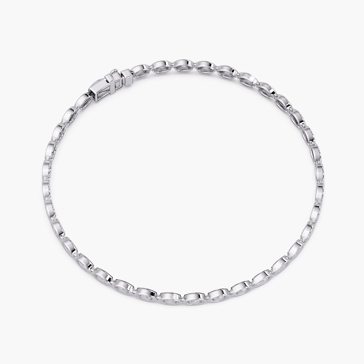 Top view of a 14k white gold tennis bracelet featuring east-west bezel set marquise lab grown diamonds arranged in a continuous circle. The bracelet is shown closed with a secure box clasp, offering a minimal yet refined look for daily wear