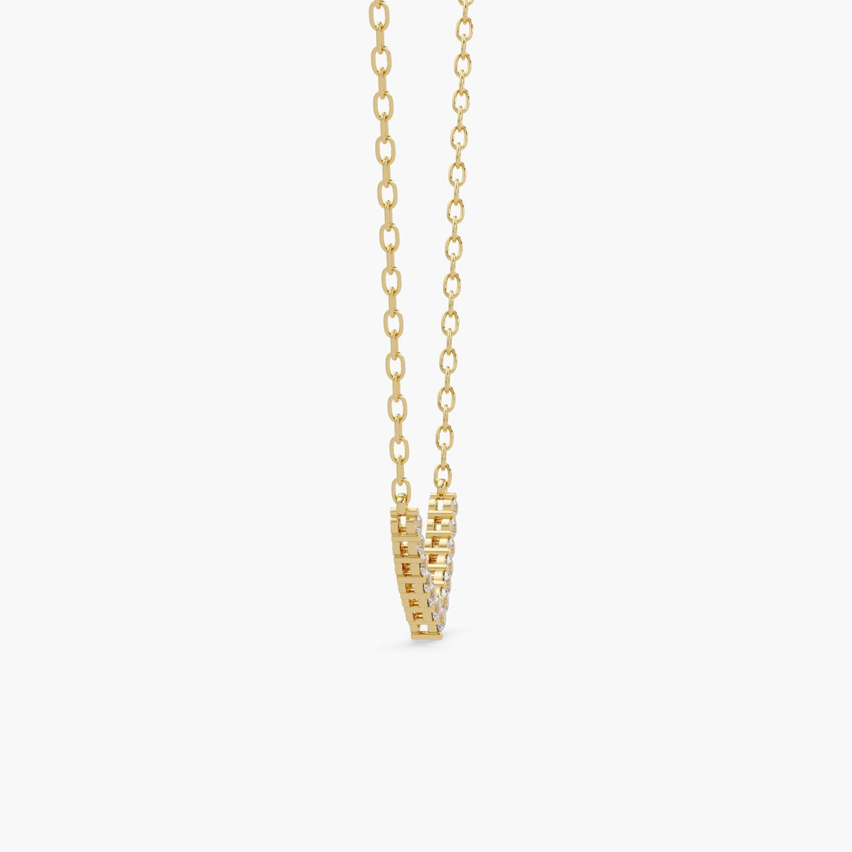 14k gold chevron diamond necklace, showing the depth and basket-style setting of the curved V-shaped pendant with individually set round diamonds.