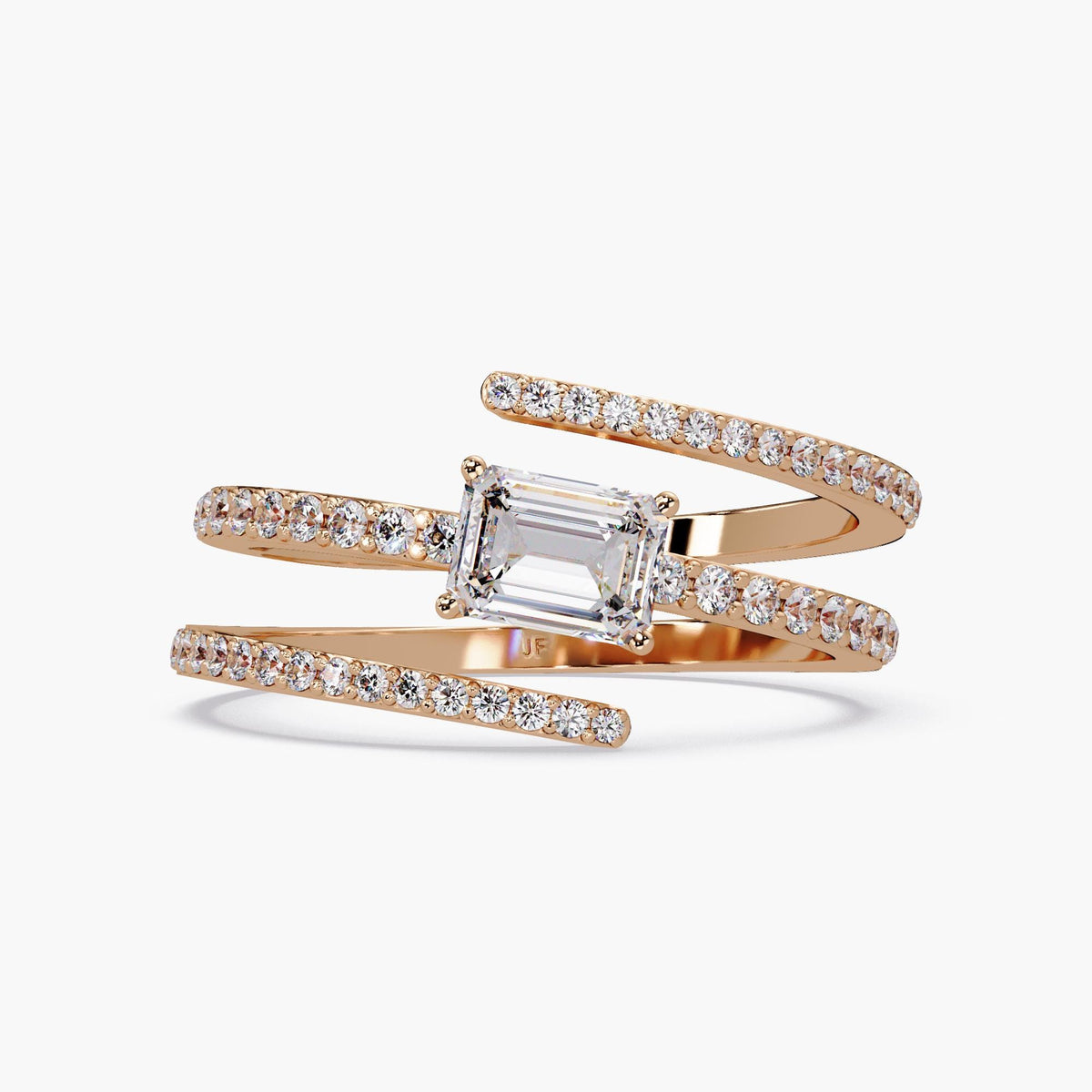 A 14K rose gold wrap ring with a center emerald cut diamond and three rows of small round diamonds in a bypass setting. The open design wraps around the finger with sparkling pavé-set diamonds on each band. Excellent ring to wear as statement jewelry and on pointer finger