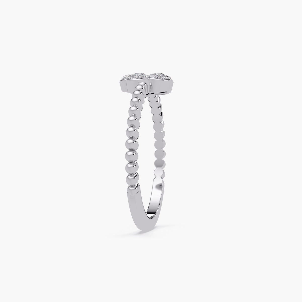 14k white gold ring showing the beaded upper band and slim polished lower shank. The flower setting is slightly elevated with a flat base, highlighting the raised pavé diamond petals from the side.