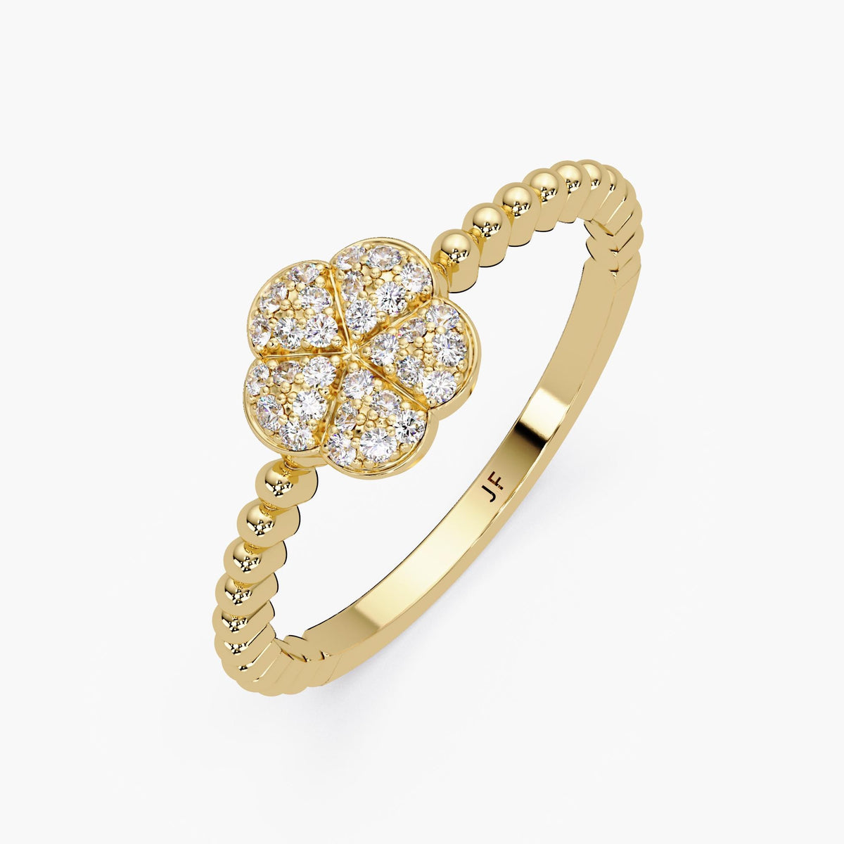 14k yellow gold flower ring with pavé-set natural diamonds forming a five-petal floral cluster. The band features a beaded upper half transitioning into a smooth lower shank engraved with the initials 'JF'. The petals are rounded and slightly raised, creating a dimensional, puffy flower effect.