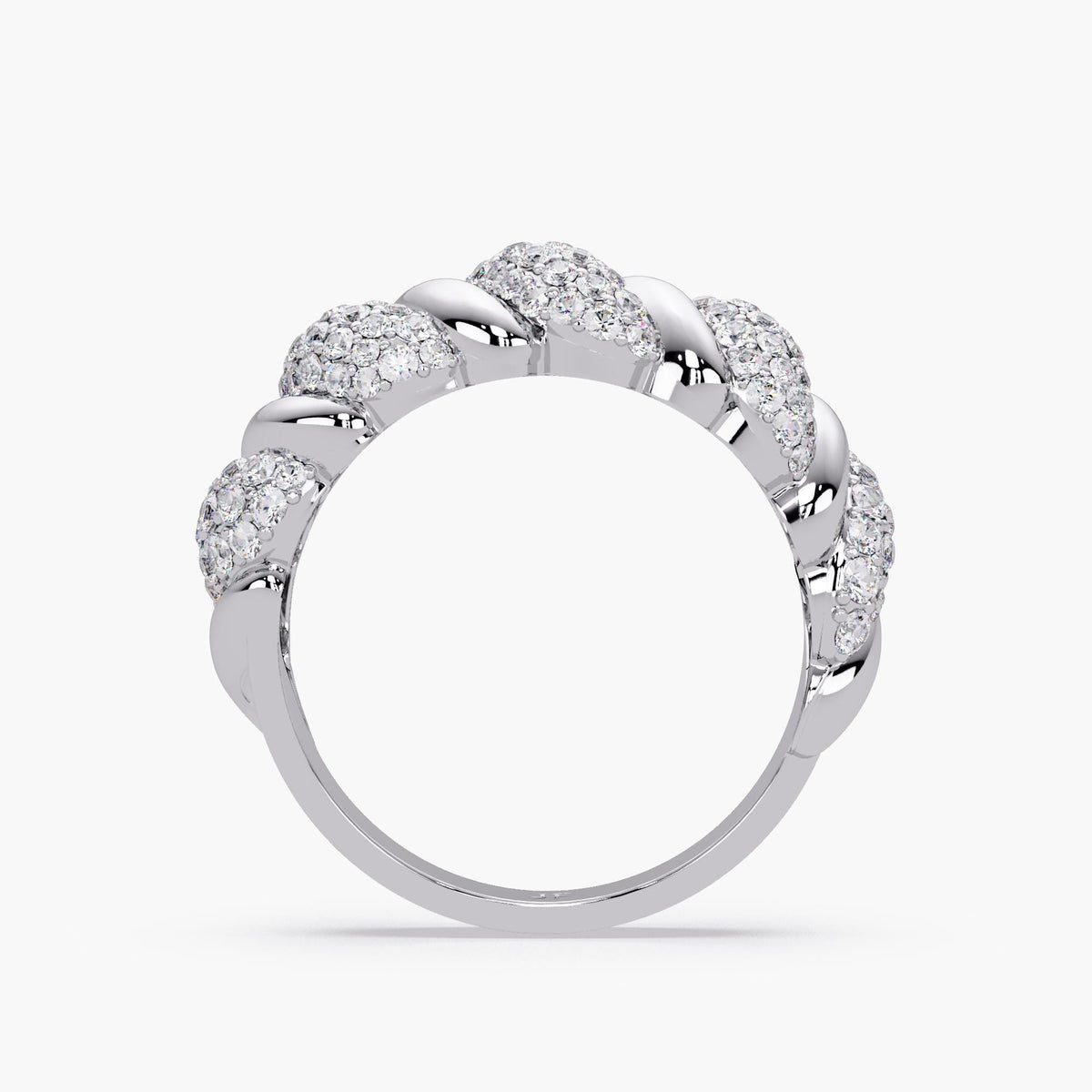14k white gold croissant ring with pavé-set lab diamonds, showing the sculpted dome shape, full twisted band, and alternating ridges of gold and clustered diamonds. A wide spiral ring designed for bold everyday wear or special occasions.
