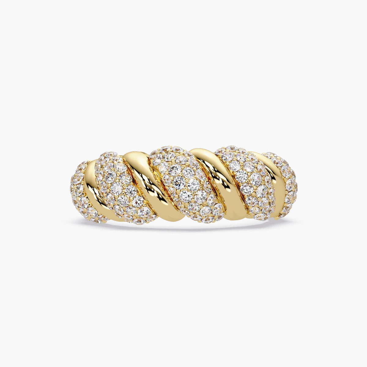 14k yellow gold braided ring with pavé lab-grown diamonds, featuring a chunky twisted rope dome design. The alternating ridges and high-polish finish make this statement ring ideal as an anniversary gift, birthday gift, or standout piece of fine jewelry for your wife or sister.