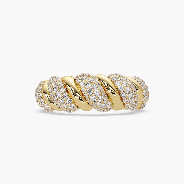 14k Gold Croissant Ring, Pave Diamond Twist Ring, Chunky Dome Ring, Fine Fashion Ring, Solid Gold Statement Ring, Handmade Fine Jewelry