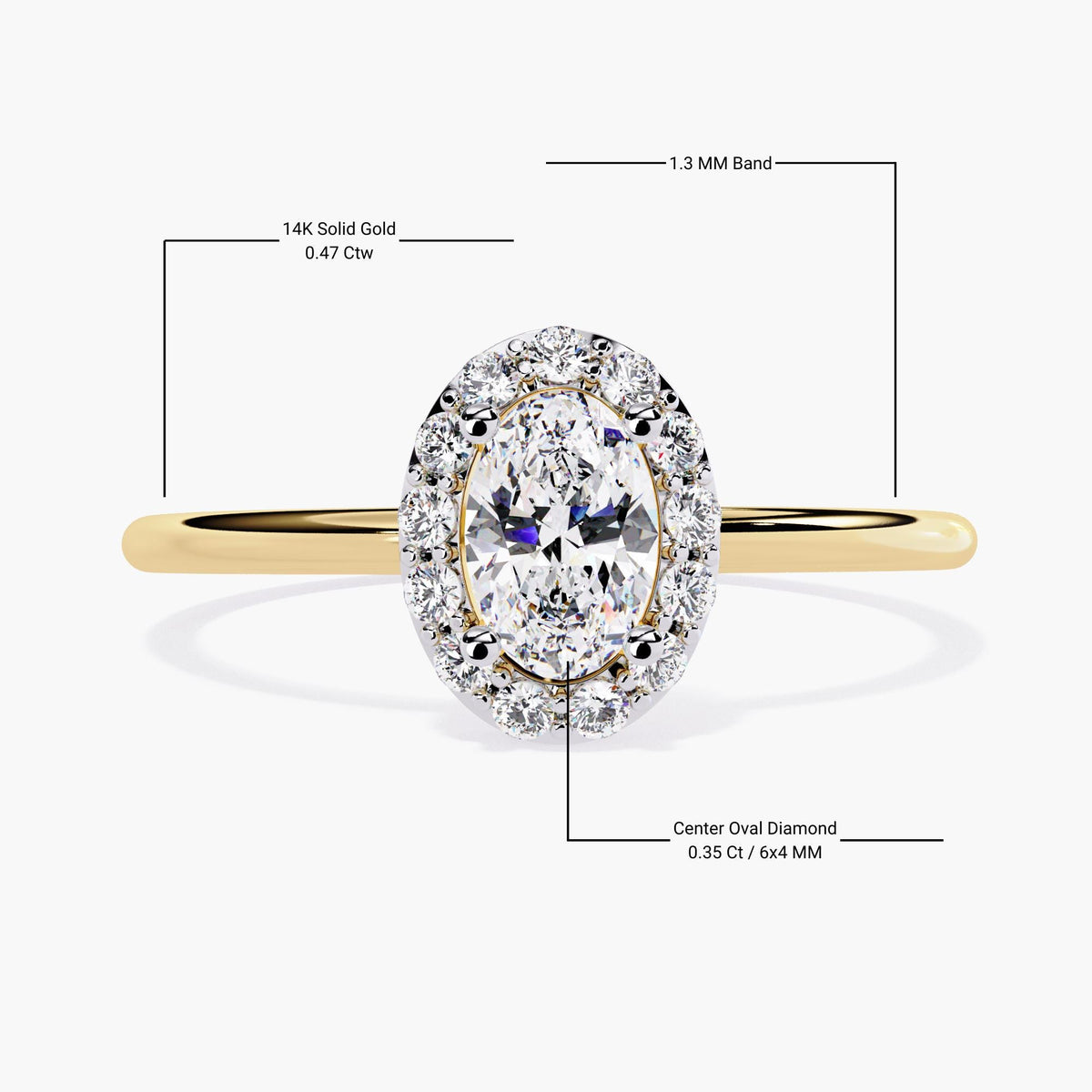 Front view of a 14k yellow gold engagement ring with a 0.35 ct oval lab-grown diamond (6x4mm) in the center, encircled by a halo of smaller round diamonds. The total carat weight is 0.47 ct. The band measures 1.3mm and has a polished finish.