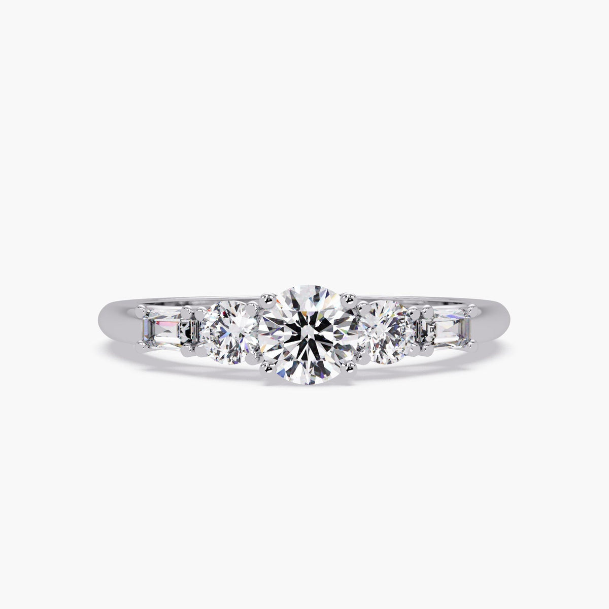 Front view of a five-stone diamond ring in 14k white gold, showcasing a round lab-grown center diamond flanked by two round side stones and two tapered baguette accents. The close-set prong arrangement creates a clean, structured look with a subtle sparkle gradient.