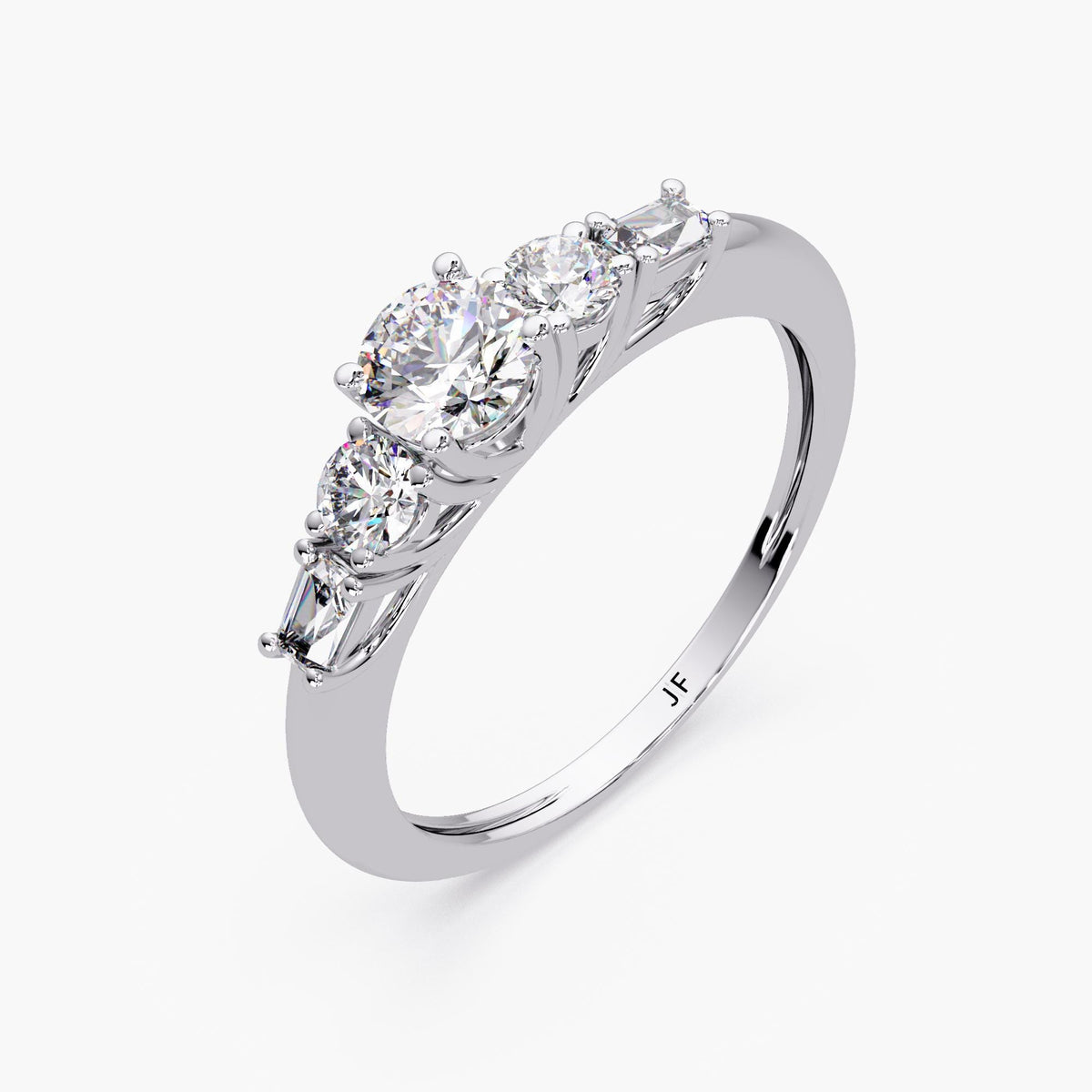 a five-stone diamond ring in 14k white gold, showcasing a round lab-grown center diamond flanked by two round side stones and two tapered baguette accents. The close-set prong arrangement creates a clean, structured look with a subtle sparkle gradient.