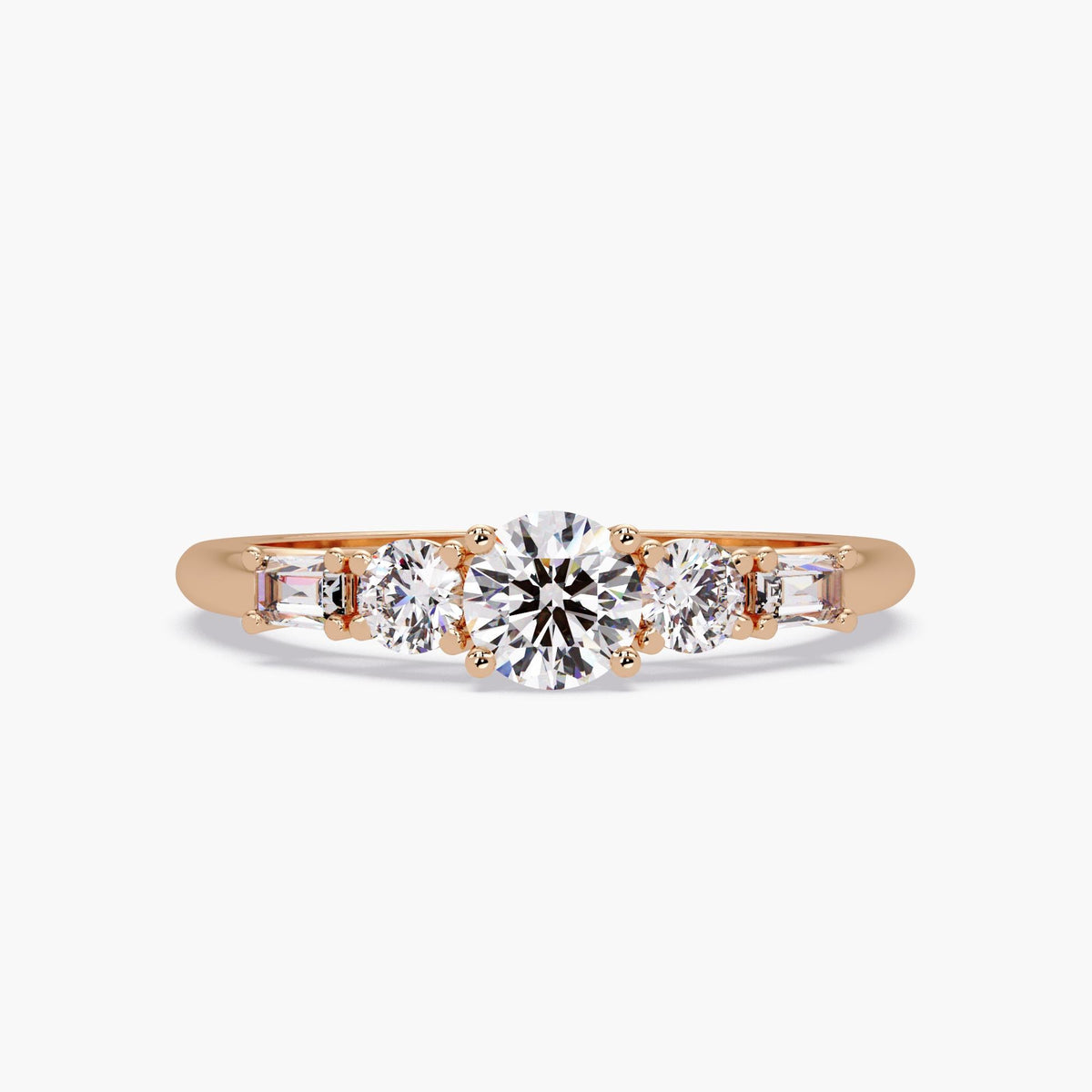 14k rose gold five-stone diamond ring with a trellis-style prong setting