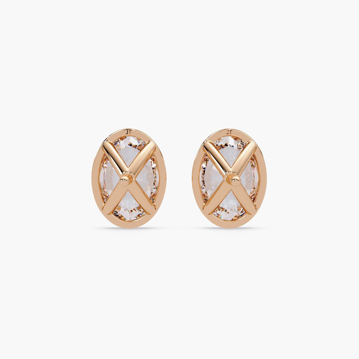 oval lab diamond stud earrings in 14k rose gold, featuring an open gallery with secure cross-bar detailing and a polished bezel rim. The JF hallmark is lightly engraved at the top of each stud.