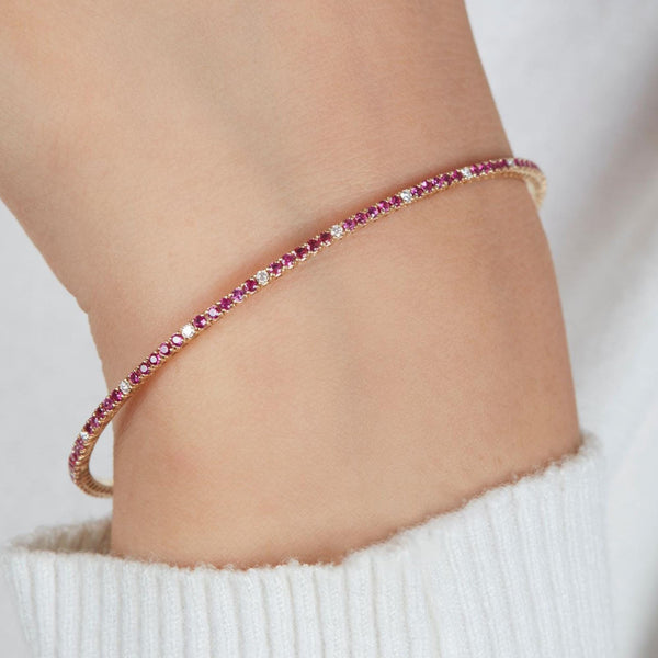 18K Gold Natural Diamond & Ruby Eternity Flex Bangle Bracelet, 1.25 CTW, 6.5 Inch