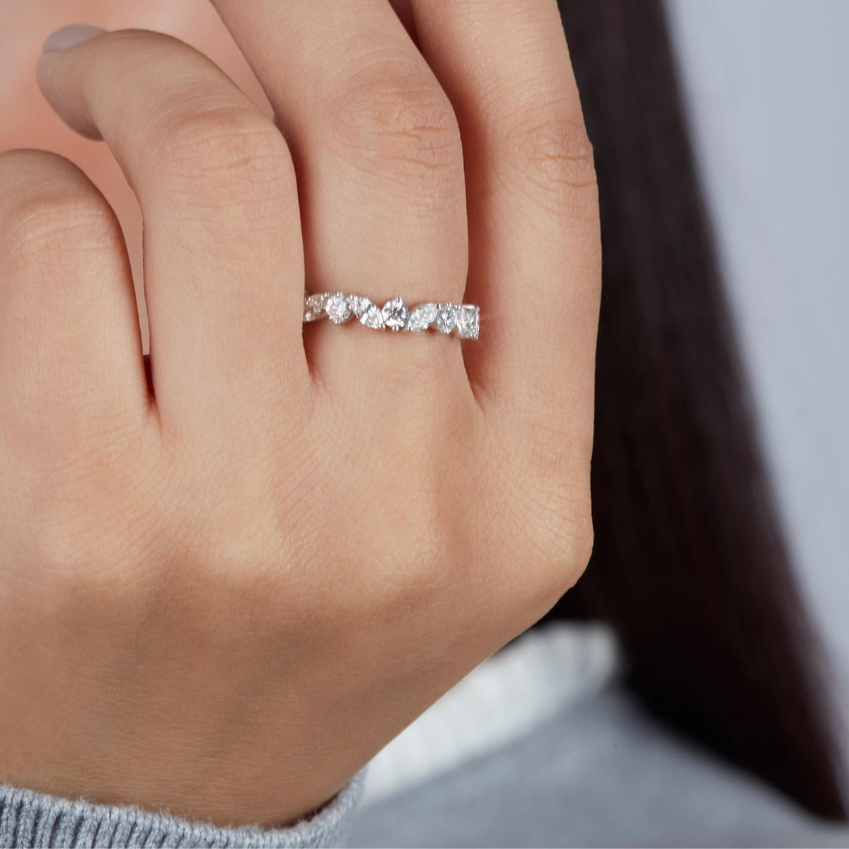 1 CTW Lab Grown Diamond Ring: 14K Gold Marquise & Round Half Infinity Band