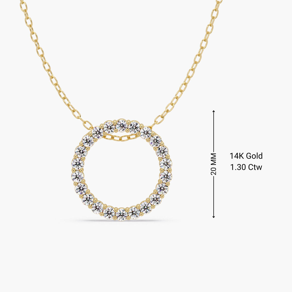 14k gold open circle diamond pendant with natural round diamonds in a full eternity design, labeled 20MM and 1.30 ctw.
