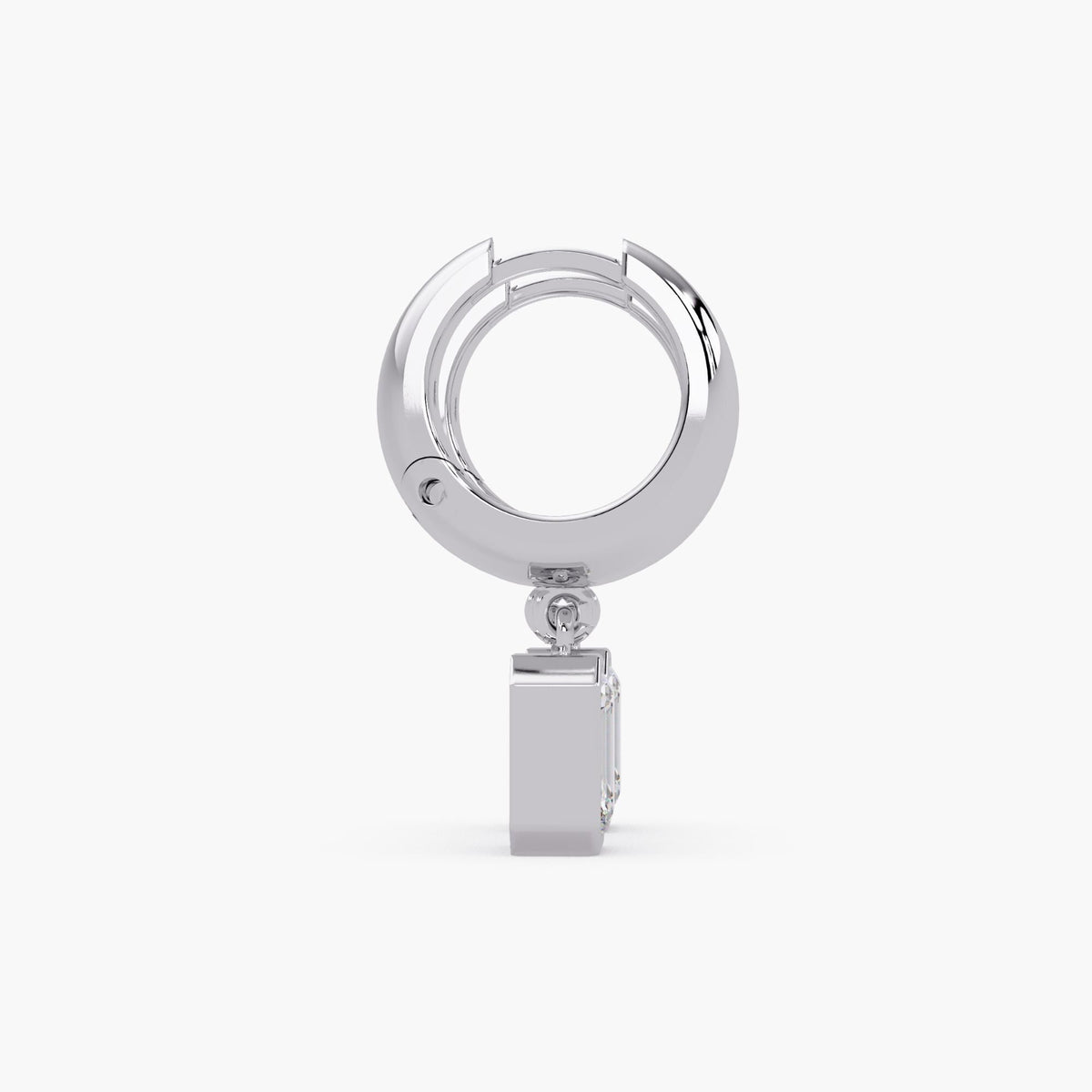 15mm white gold huggie hoop earring with leverback closure, showcasing a bezel-set emerald cut lab-grown diamond charm. The image highlights the earring’s secure clasp mechanism, polished finish, and geometric drop profile.