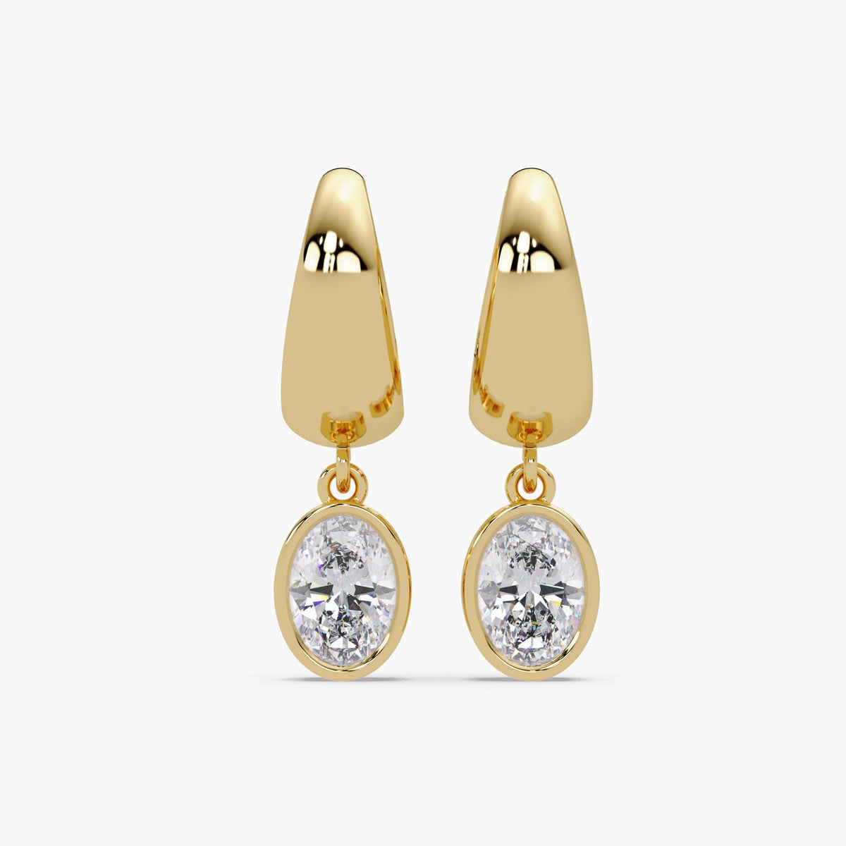 Chunky 14K solid gold hoop earrings with bezel set oval lab grown diamonds, 3 carat total weight. Drop style earrings for women, designed for daily wear, weddings, parties, or work events. Can be worn with a dress, suit, or casual outfit. Lightweight and secure for long hours. Popular as a gift for birthdays, anniversaries, or bridal jewelry. Gold finish with clear oval diamonds for a clean and modern look.