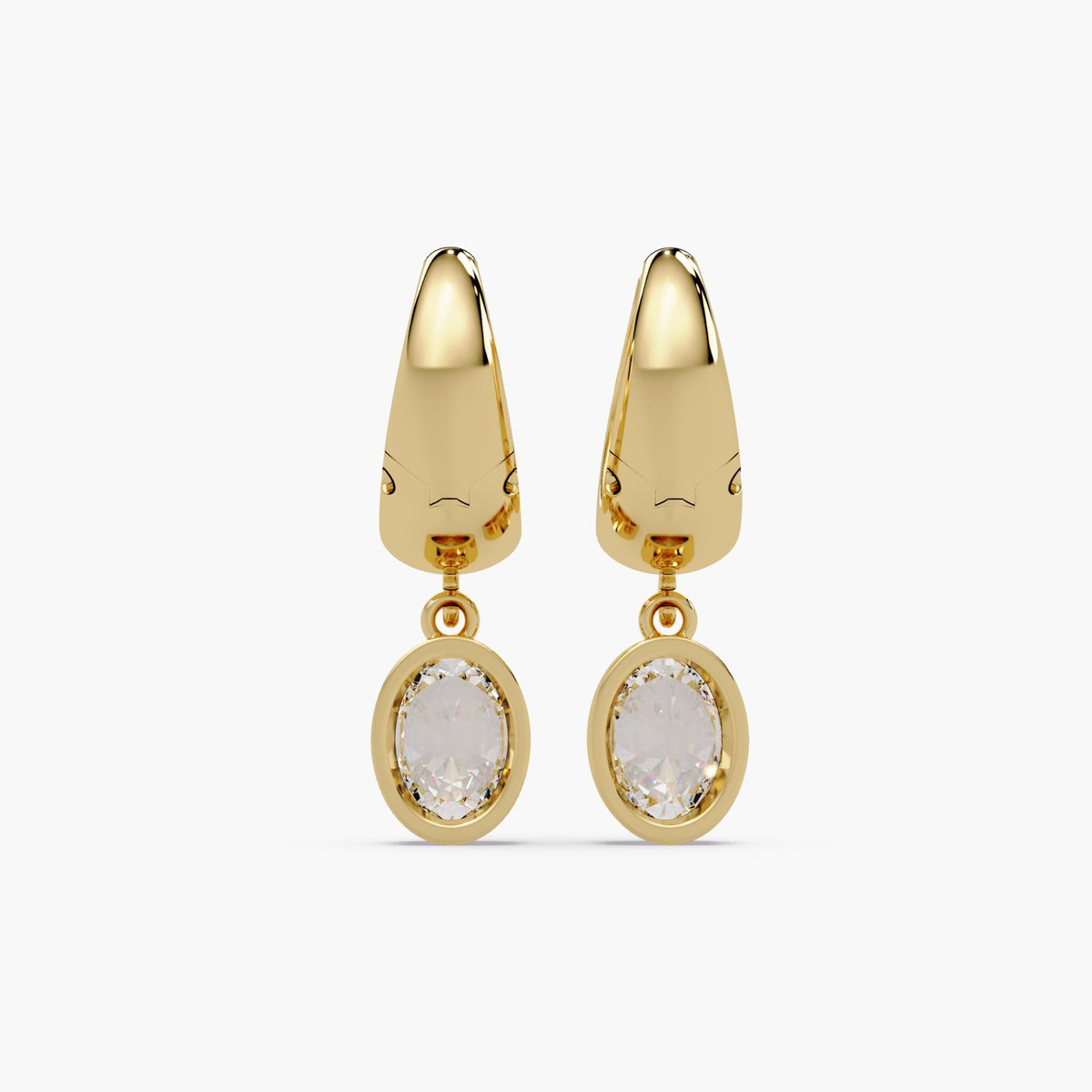 Back view of 14K solid gold chunky hoop earrings with oval lab grown diamond drops, bezel set and 3 carat total weight. Drop earrings for women, suitable for parties, weddings, work outfits, or everyday use. Hinged full hoop with secure latch-back closure. Can be worn with formal or casual clothes. Common gift for birthdays, anniversaries, or bridal jewelry sets.