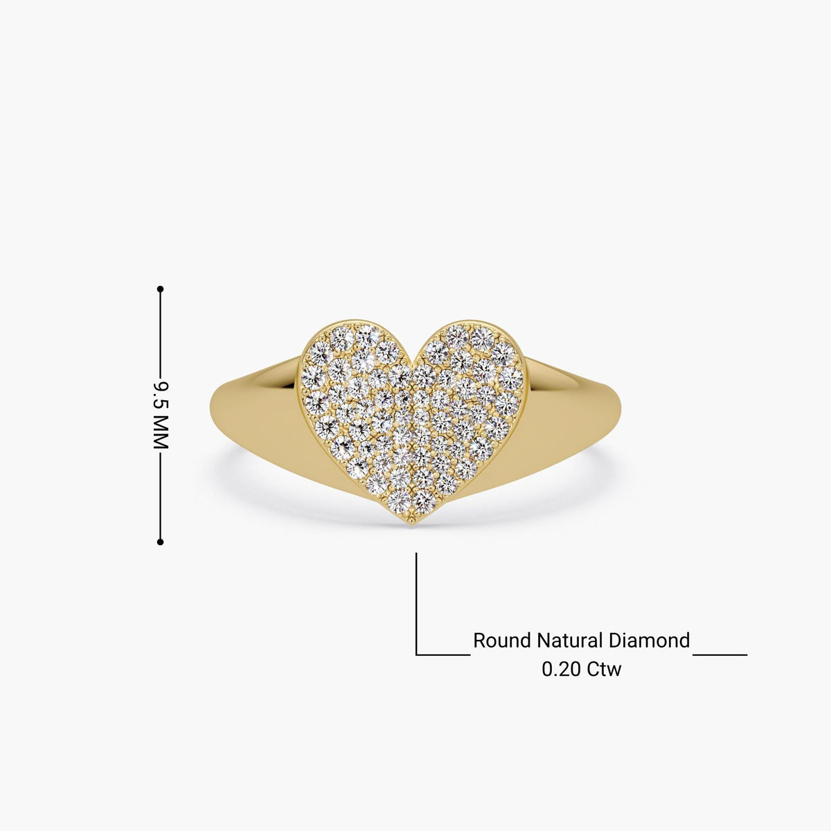 14K yellow gold heart ring with pavé-set natural diamonds, measuring 9.5mm tall. The diamond weight is labeled as 0.20 carats total.