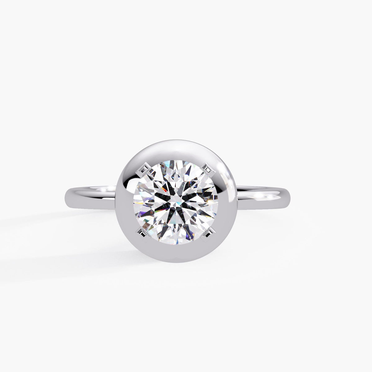 14K white gold dome button ring with 1.25 carat round lab-grown diamond in prong-accented bezel-inspired setting, designed as a statement or modern engagement ring
