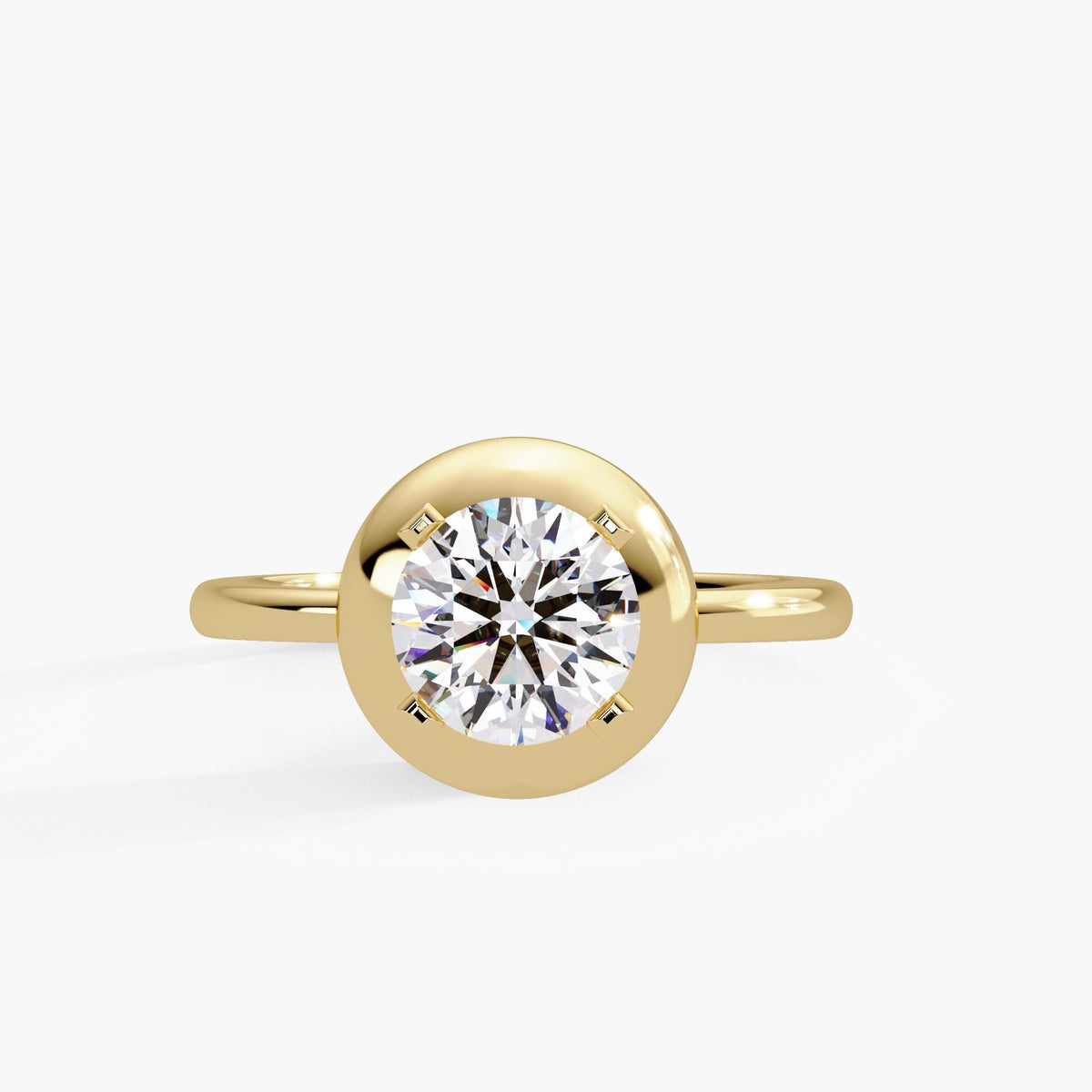 14K yellow gold dome button ring featuring a round 1.25 carat lab-grown diamond in a bezel-inspired prong setting, minimalist statement design