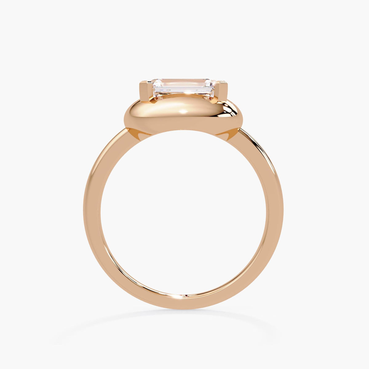 East-west emerald cut diamond bezel ring in 14K rose gold with 1.60 carat IGI-certified lab diamond and a 2mm shank, bold dome design for modern engagement or statement wear. A meaningful gift for birthdays, anniversaries, or celebrating personal milestones.