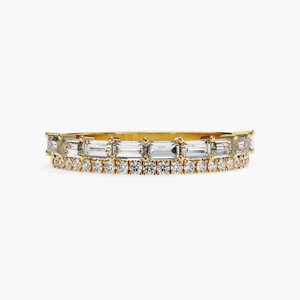 A 14k yellow gold double row diamond ring featuring baguette-cut and round brilliant lab-grown diamonds in prong and pavé settings. The half eternity design is ideal as a stacking ring, anniversary gift, wedding band, or minimalist bridal jewelry.