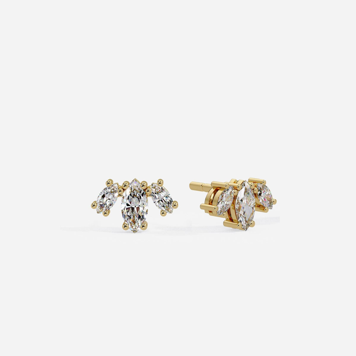 Marquise cluster diamond stud earrings in 14K solid gold with floral-inspired design, half pair or full set, dainty real diamond studs
