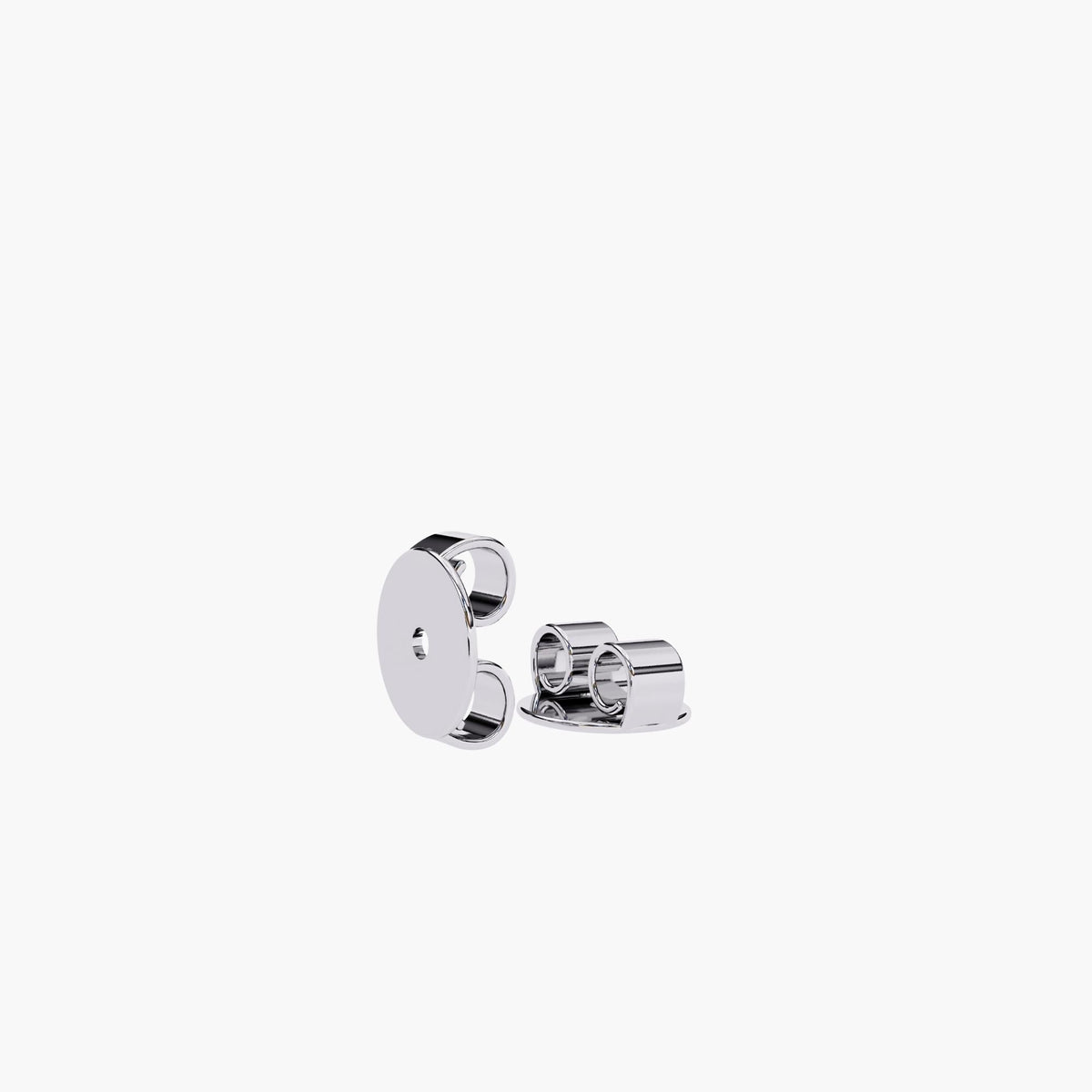 White gold push-back earring backs including a large flat disc support and standard butterfly back, designed for secure and comfortable wear of stud earrings