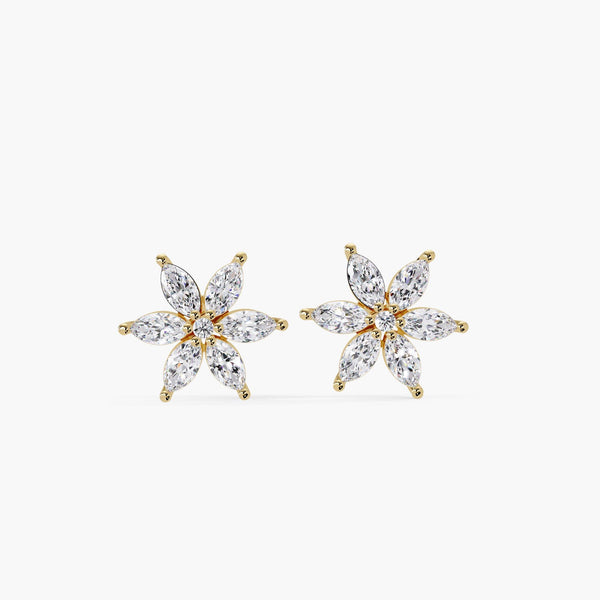 Marquise floral diamond stud earrings in 14K solid gold, featuring six marquise-cut diamonds arranged in a dainty flower design, minimalist fine jewelry for everyday or special occasions