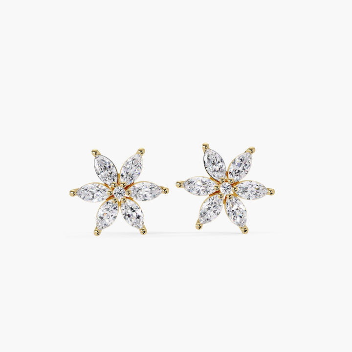 Marquise floral diamond stud earrings in 14K solid gold, featuring six marquise-cut diamonds arranged in a dainty flower design, minimalist fine jewelry for everyday or special occasions