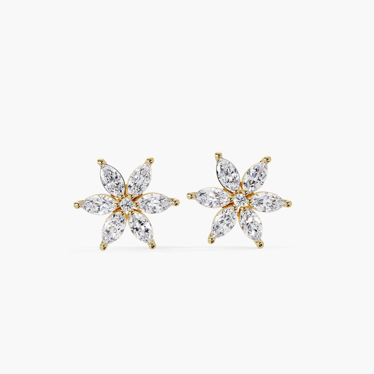 Marquise floral diamond stud earrings in 14K solid gold, featuring six marquise-cut diamonds arranged in a dainty flower design, minimalist fine jewelry for everyday or special occasions