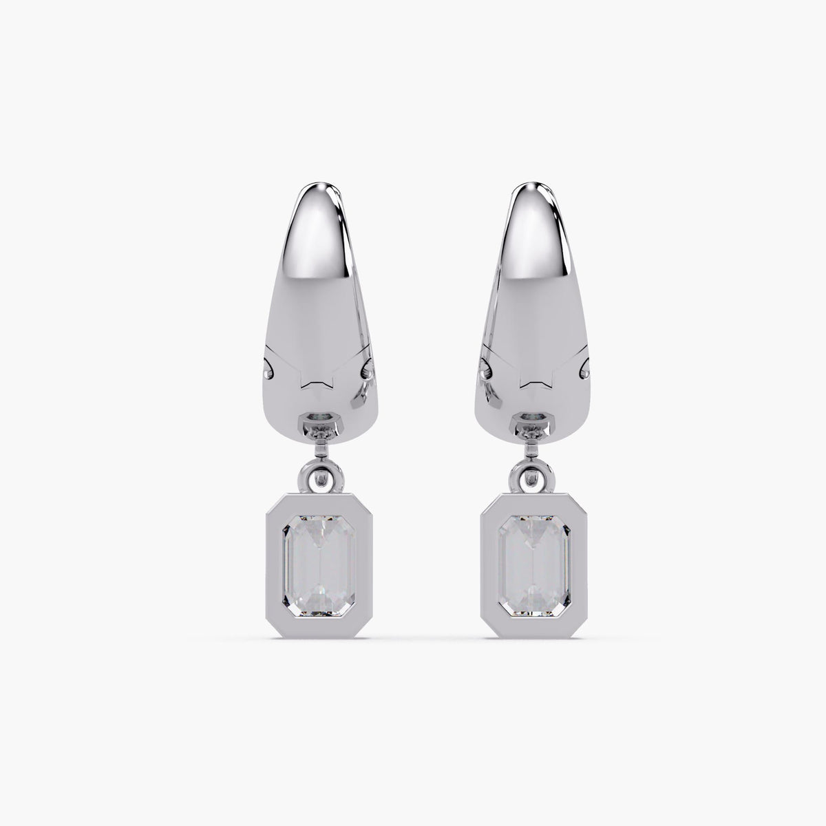 15mm white gold huggie hoop earring with leverback closure, showcasing a bezel-set emerald cut lab-grown diamond charm. The image highlights the earring’s secure clasp mechanism, polished finish, and geometric drop profile.