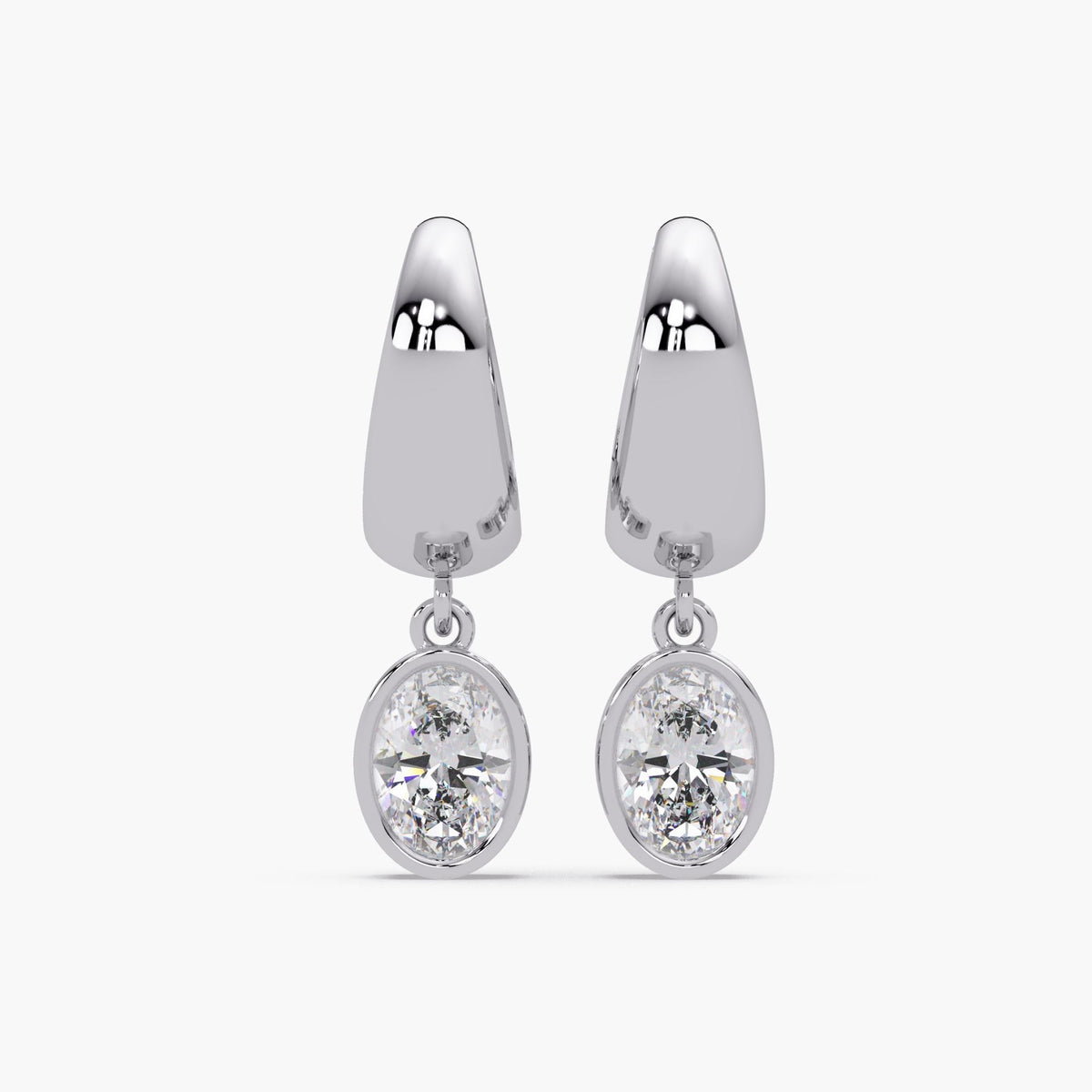 14K solid white gold chunky hoop earrings with bezel set oval lab grown diamonds, 3 carat total weight. Dangle earrings for women, shown in white gold finish. Suitable for weddings, formal events, office wear, or gifting.