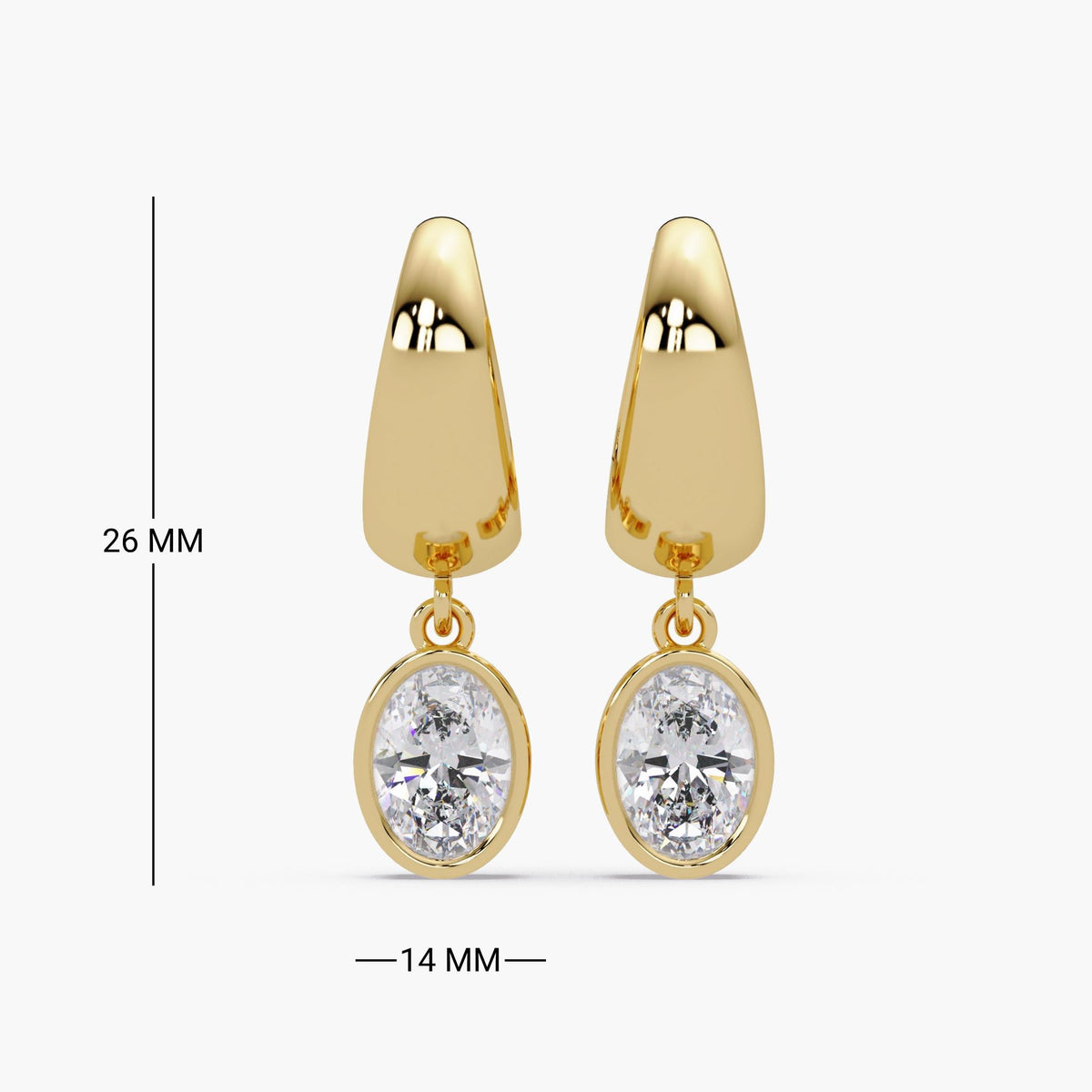 14K solid gold chunky hoop earrings with bezel set oval lab grown diamonds. Drop earrings measuring 26mm in length and 14mm in width. Total diamond weight is 3 carats. Designed for women to wear at parties, weddings, or work. Suitable for gifting on birthdays, anniversaries, or as bridal jewelry.