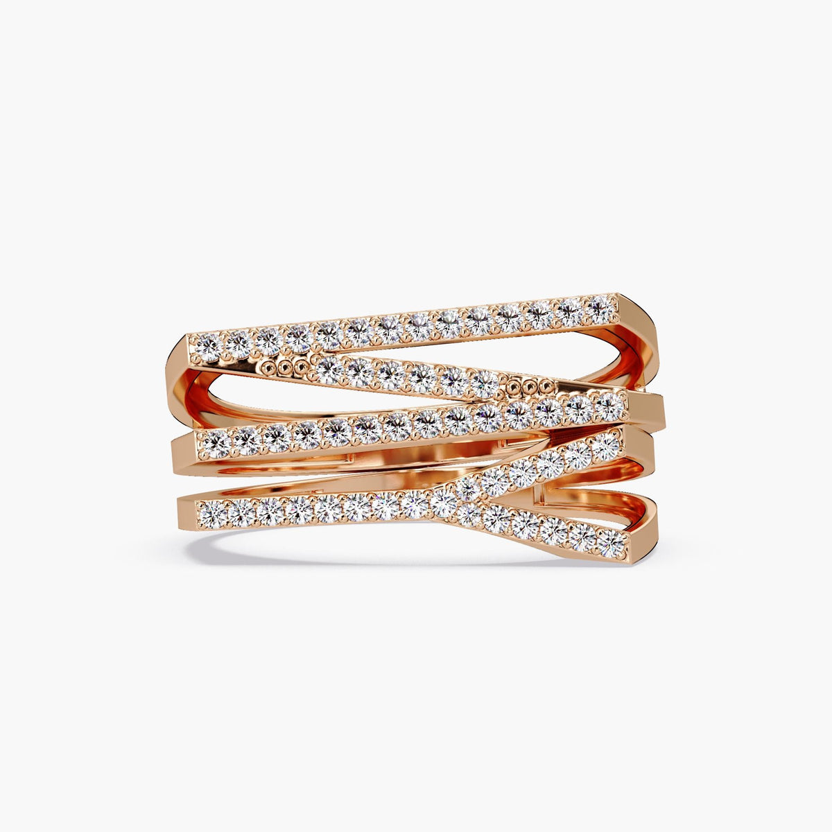 14K rose gold NY initial ring with four flat, overlapping bands. Each band is set with small round natural diamonds that form the letters N and Y in a crisscross pattern. The ring has a polished finish and bold, modern structure.