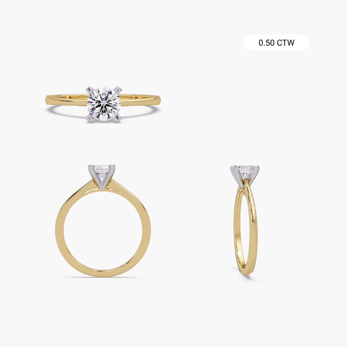 Three-view display of a 0.50 carat lab-grown round diamond solitaire ring in 18K yellow gold. Shown from front, side, and angled views with a white gold prong setting for a classic minimalist engagement style.