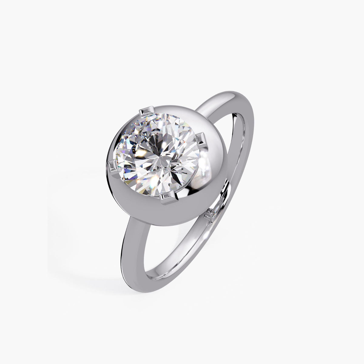 14K white gold dome button ring with 1.25 carat round lab-grown diamond in prong-accented bezel setting, ideal as a bold statement ring or modern engagement piece