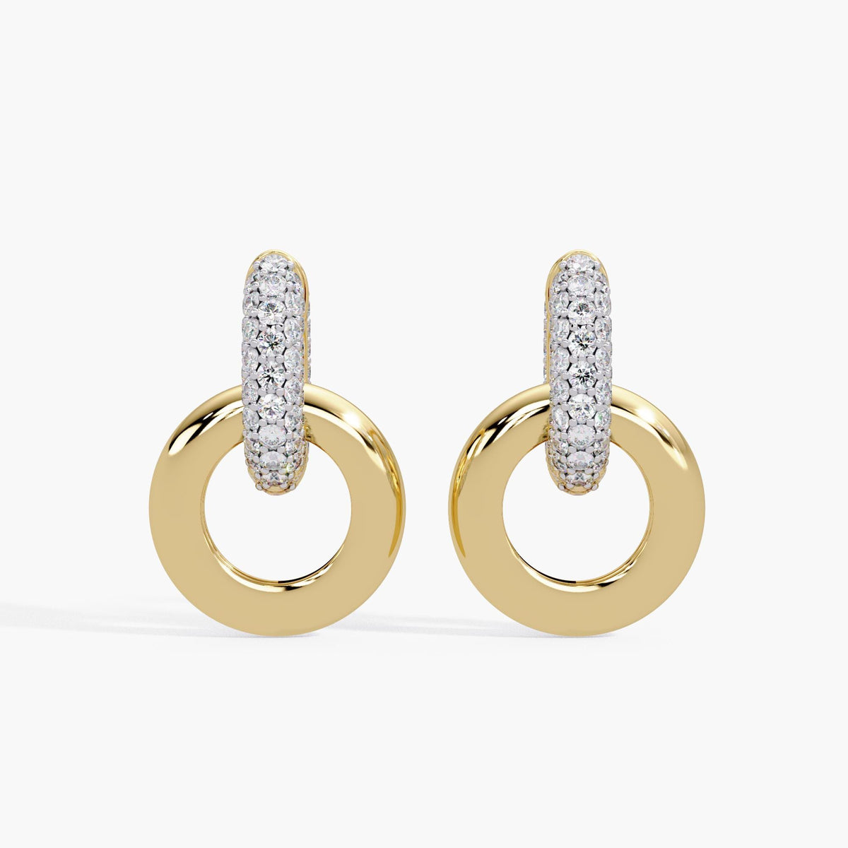 chunky 14kt gold double hoop earrings featuring interlocking circle design. The top hoop is a pavé-set diamond huggie made with round brilliant lab-grown diamonds, while the bottom is a thick, high-polish gold circle. These 14k large tube hoops have a two-tone look and modern convertible style. A refined statement piece ideal as a wedding gift or anniversary jewelry for her.