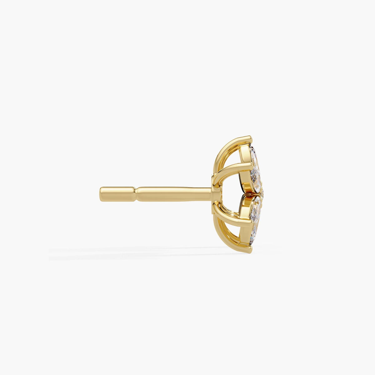 Side view of 14K gold marquise diamond flower stud earring, showcasing secure post and basket setting with six marquise-cut diamonds and a round center stone
