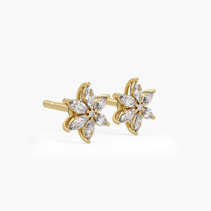 Side view of 14K gold marquise diamond flower stud earrings with six marquise-cut diamonds and a round center stone, featuring secure push-back posts and elegant floral design for everyday wear or gifting