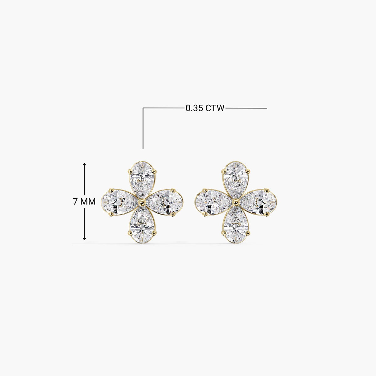 Pair of 14K gold diamond flower stud earrings with labeled dimensions showing 7mm diameter and 0.35 carat total weight. Each earring features four pear-cut lab-grown diamonds arranged in a floral cluster setting.