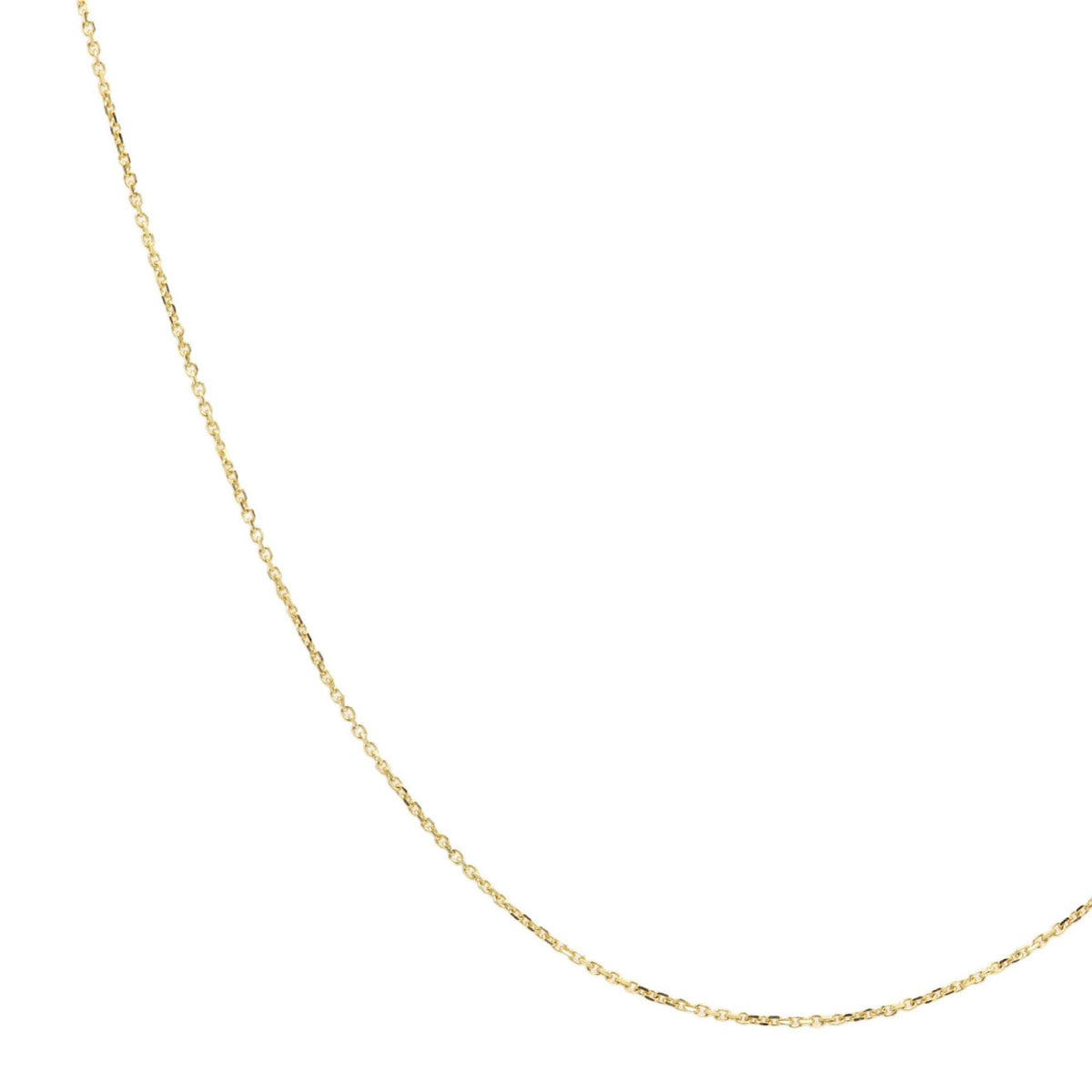 14K solid gold cable chain with 0.9mm diamond-cut links shown on white background, highlighting its fine texture and delicate curve for charm or pendant use