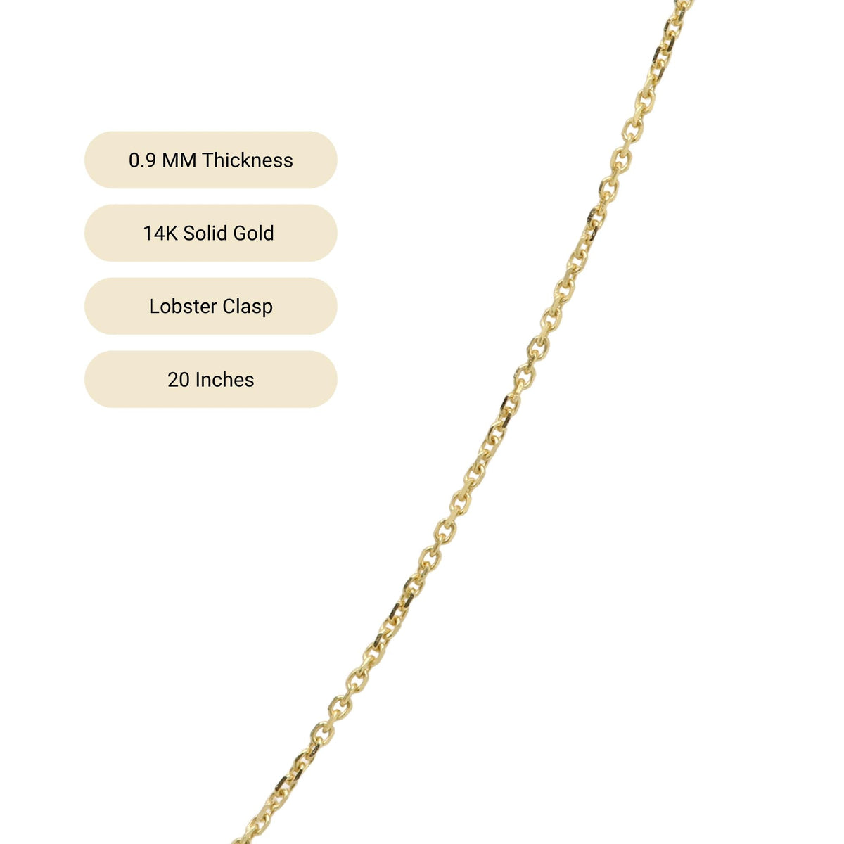 Close-up of 0.9mm 14K solid gold cable chain with diamond-cut links, lobster clasp, and 20-inch adjustable length, shown on white background