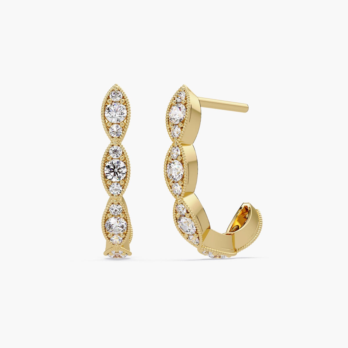 14K yellow gold huggie earrings with round lab-grown diamonds set in marquise-shaped milgrain bezels, forming a 16MM J-hoop design.