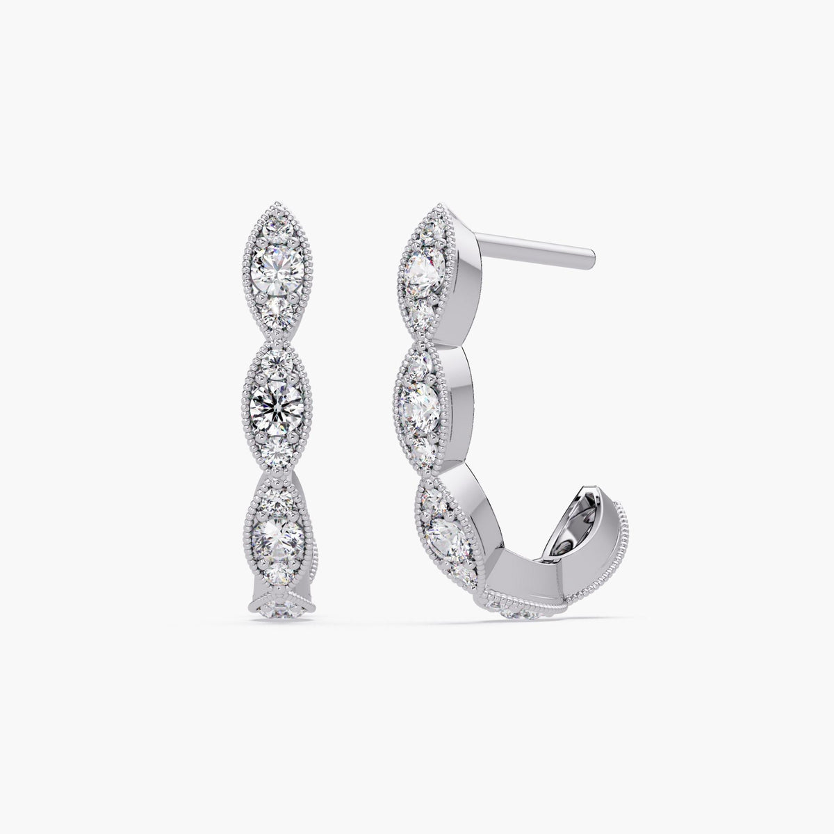 14K white gold J-hoop earrings with round brilliant lab-created diamonds set in vintage-inspired milgrain marquise bezels.