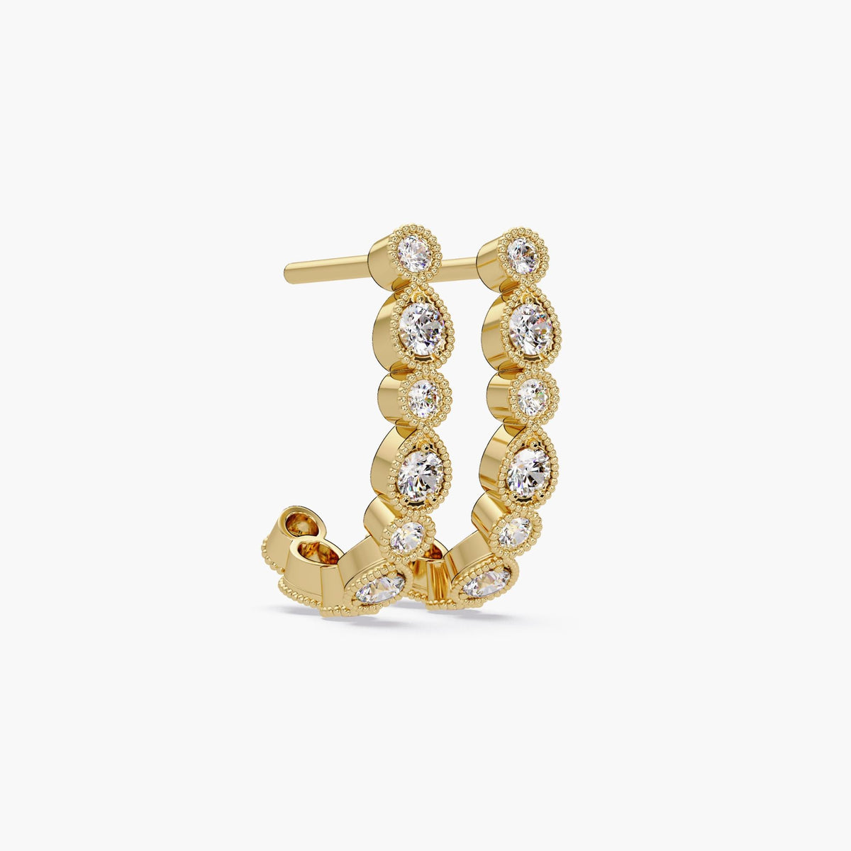 14K yellow gold semi hoop earrings set with round brilliant lab-grown diamonds (EF color, VS+ clarity) in alternating teardrop and round milgrain bezels. Art Deco–inspired design, perfect for bridal styling, gifting, or everyday elegance.