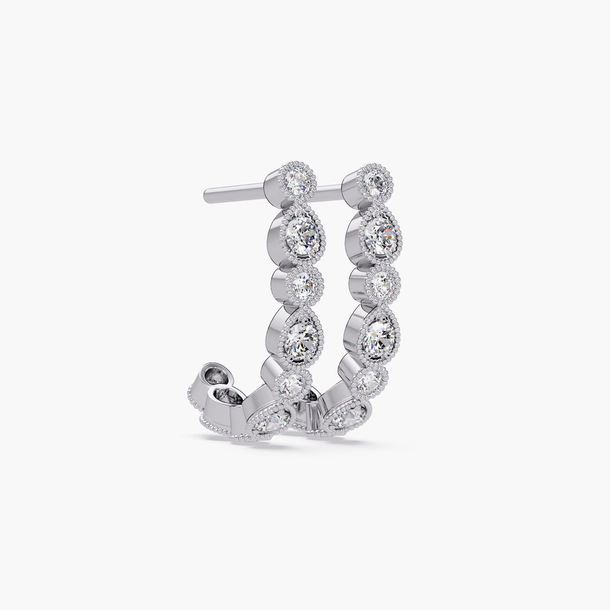 14K white gold half hoop earrings set with alternating 2.2MM and 1.6MM round lab-grown diamonds. Each diamond is framed in a teardrop-inspired bezel with milgrain detailing, creating an elegant Art Deco silhouette. Lightweight and perfect for everyday or special occasions.