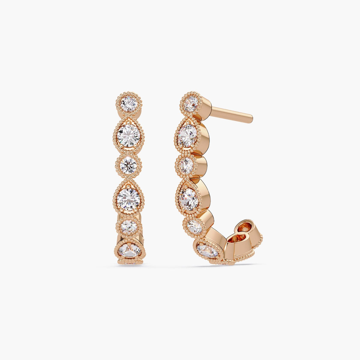 14K rose gold half hoop earrings featuring alternating 2.2MM and 1.6MM round lab-grown diamonds. Each diamond is bezel-set in teardrop-inspired frames with intricate milgrain edges, giving the hoops a vintage Art Deco appeal. Ideal for gifting or everyday sparkle.